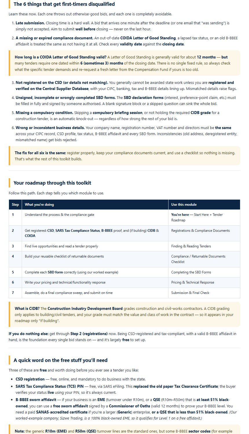 Start Here module — the six things that disqualify first-time bidders, and your roadmap