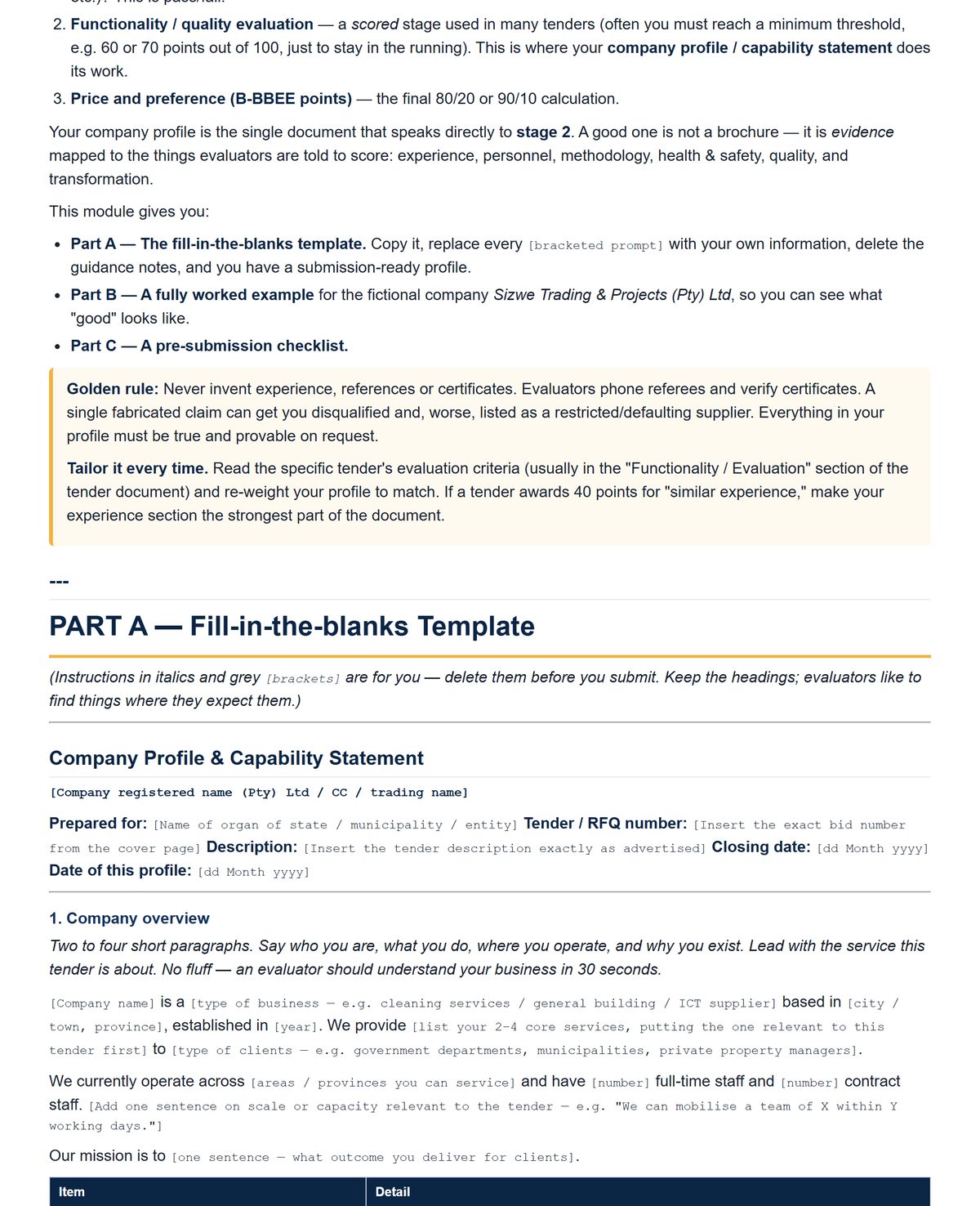 Company Profile template — fill-in-the-blanks capability statement mapped to scoring