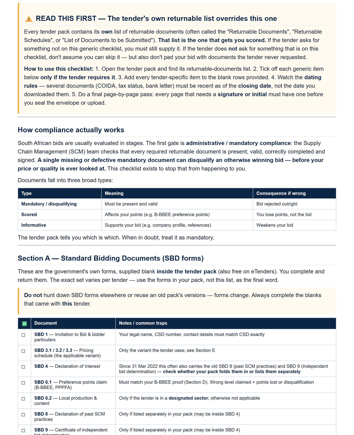 Returnable-Documents checklist — mandatory, scored and informative documents